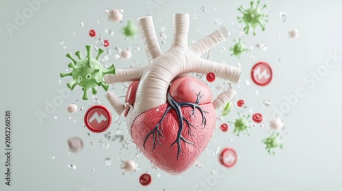 Cardiac Risk Concept - Detailed 3D Rendering of Human Heart with Heart Attack Warning Signs for Health Awareness