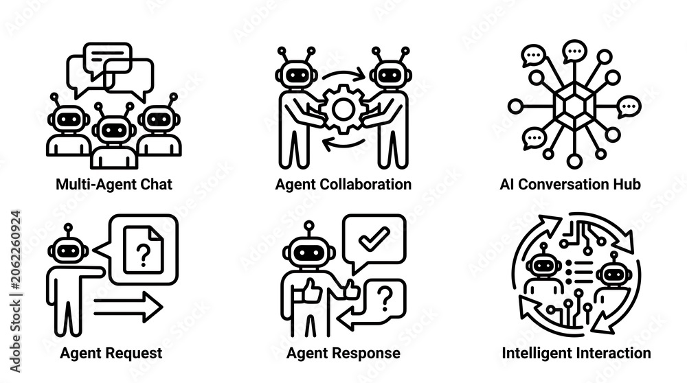 Fototapeta premium A graphic representation showcasing interactions between artificial intelligence agents and humans through various icons