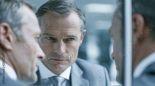 Tense businessmen face off in glass office reflection as surreal corporate power struggle