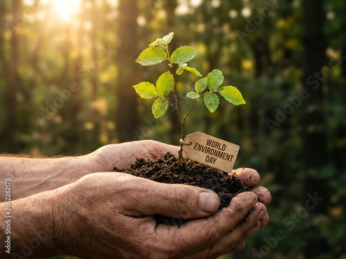 Human Hands Holding Soil with Young Green Tree at Sunrise, Environmental Conservation and World Environment Day Concept