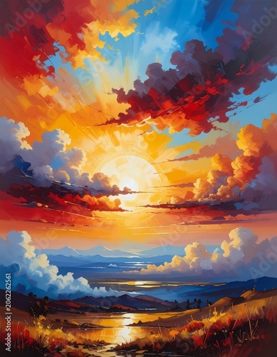 Vibrant sunset landscape with colorful clouds and serene water