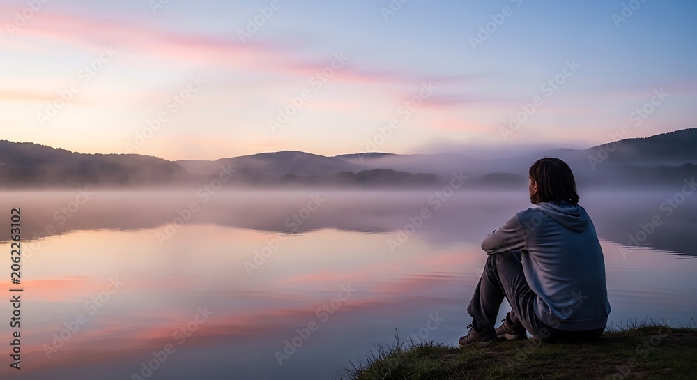 Fototapeta premium Man Contemplating Serene Lake at Sunrise