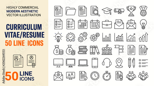 50 Line Icons for Curriculum Vitae and Resume Design – Vector Illustration Set for CVs, Resumes, and Job Applications