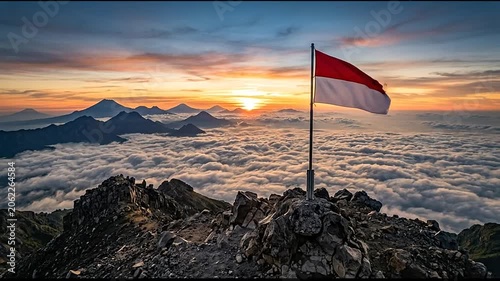 Indonesian flag waving atop a rugged mountain peak above vast clouds at sunrise in this cinematic high definition motion animation