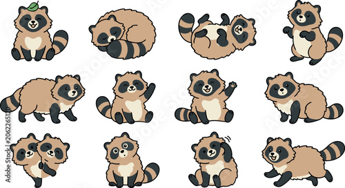 Cute Tanuki Character Pose Collection Featuring Japanese Raccoon Dog Mascot Sleeping Waving Rolling and Running for Kids Graphics Stickers and Animation Designs