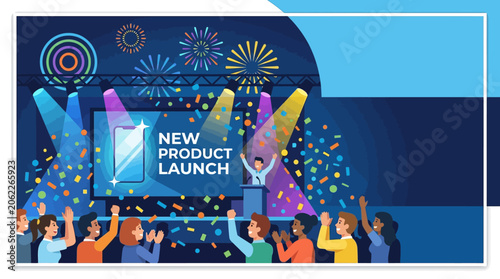 Exciting new product launch event with colorful fireworks and cheering crowd celebrating success on stage