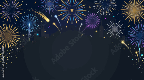 Festive city skyline illuminated by colorful fireworks background with copy space