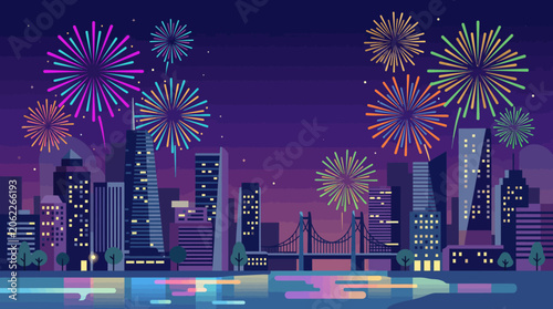 City skyline illuminated by colorful fireworks celebrating New Year Eve night vector background