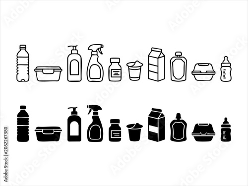 Set of outline and silhouette icons of daily household products and packaging containers with container packaging household