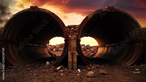 View of a crowded slum through massive drainage pipes under a dramatic sunset sky with cracked ground