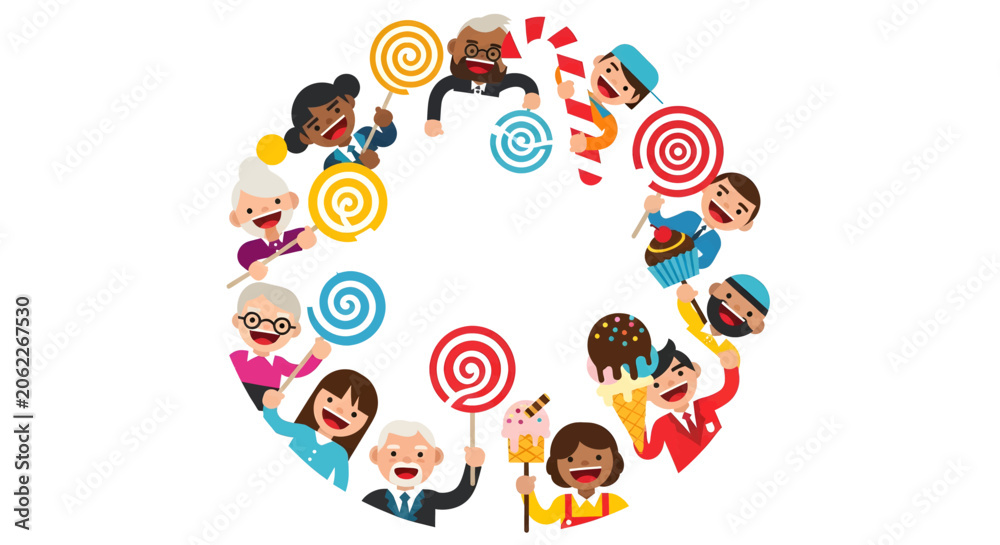 Fototapeta premium Diverse group of happy people of all ages holding various sweets and lollipops in a circular arrangement, celebrating joy and community.