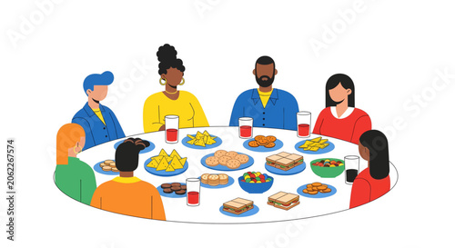 An illustration of a diverse group of seven people gathered around a round table enjoying a meal with various dishes and drinks.