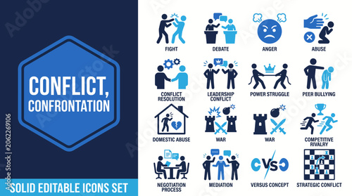 Editable icons set depicting conflict and confrontation, offering visual concepts for conflict resolution, teamwork, negotiation, mediation, and effective communication.
