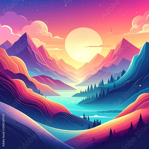 Vibrant sunset over serene mountain landscape with lake