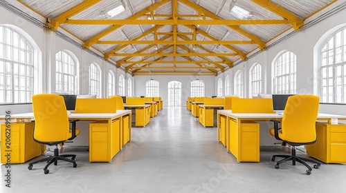 Bright and Modern Office Space with Yellow Furniture, Spacious Workstations, and Abundant Natural Light in a Contemporary Setting