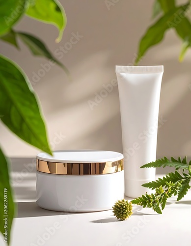 Skincare products with natural green leaves.