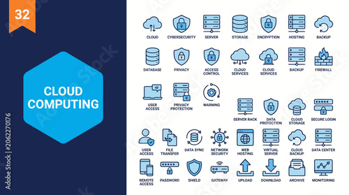 Cloud computing concept with servers, networks, data storage and analytics icons illustrating IT infrastructure, cloud services and digital transformation