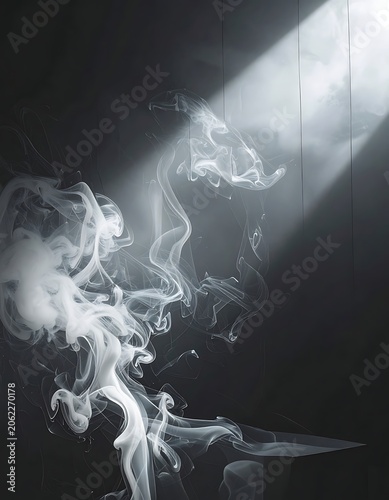 Smoke swirling in dark space with light.