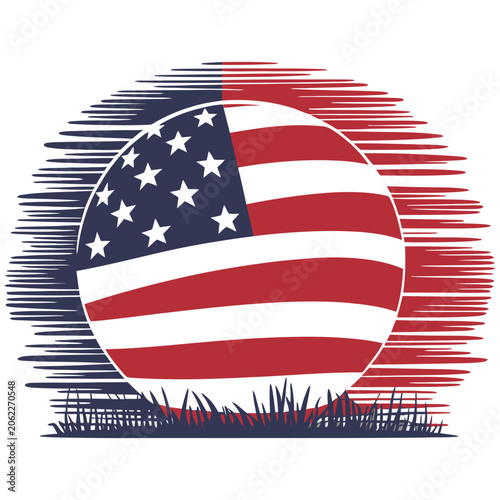 Patriotic American flag globe with grassy foreground and abstract background