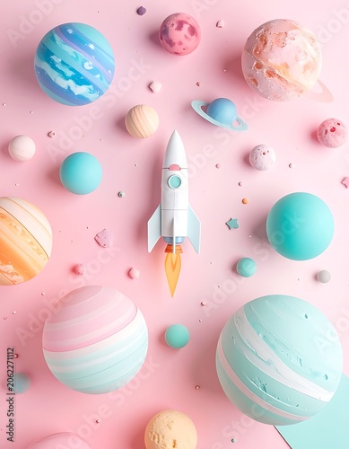Space rocket flying through colorful planets.