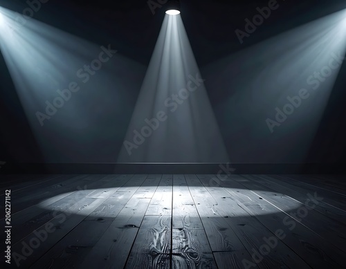 spotlight shines on empty stage floor.