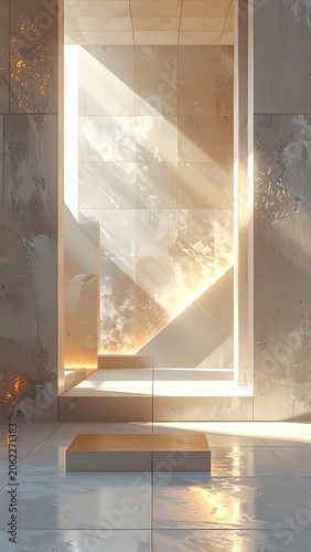 Sunlight shining through doorway interior.
