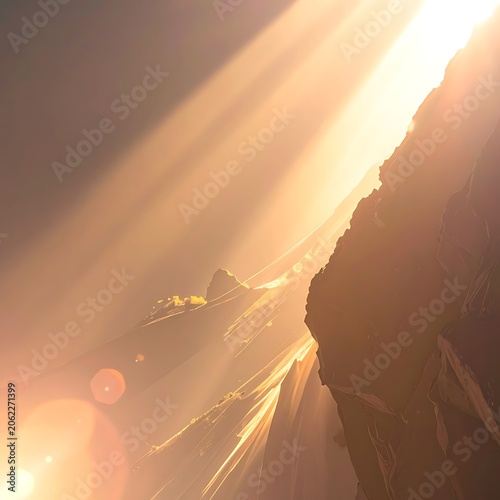 Sunlight shining through rugged mountain landscape.