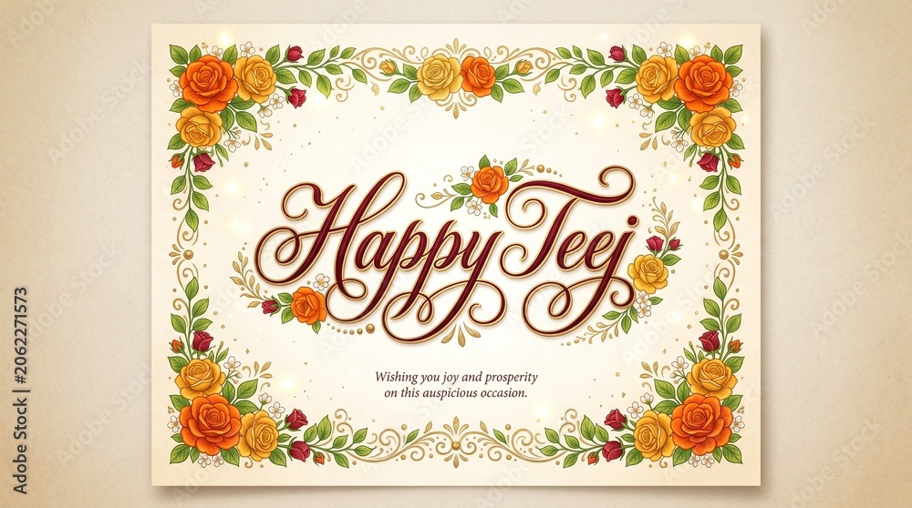Naklejka premium Calligraphic lettering of Happy Teej framed by four corner floral vine arrangements with red and orange roses on a light cream background.