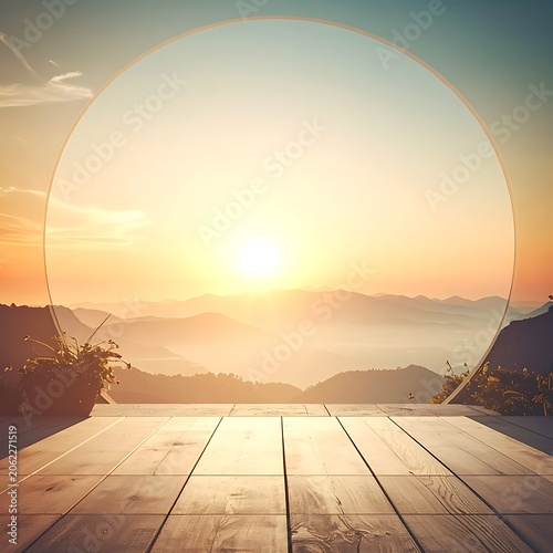 Sunrise over mountains with wooden deck.