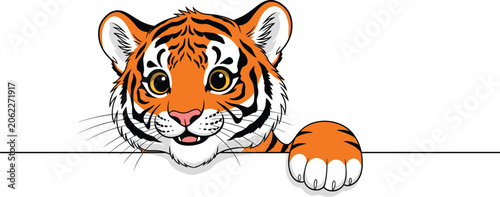 Canvastavla Cute cartoon tiger illustration peeking over line, adorable jungle animal, wildl