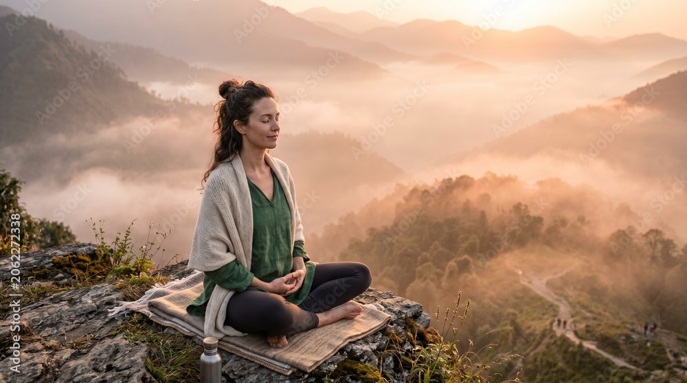 Fototapeta premium Woman meditating on a cliff overlooking a serene mountain landscape at sunrise