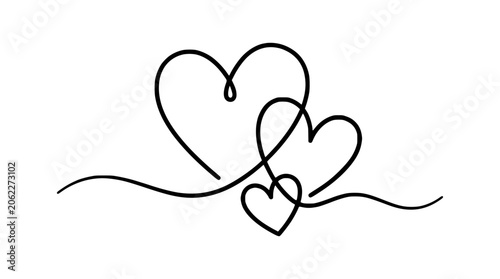 Minimalist Black Line Hearts Illustration with Flowing Curves, Love Concept Symbol, Modern Romantic Hand-Drawn Vector Graphic