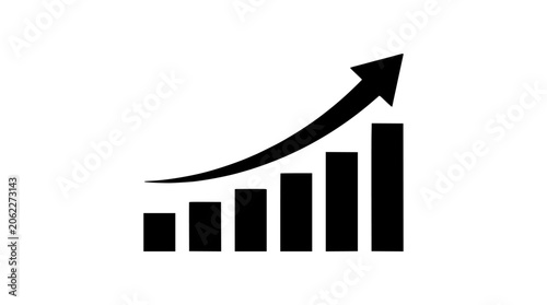 Minimalist Black Bar Chart with Upward Arrow Showing Growth, Progress, and Improved Performance in a Simple Infographic Style