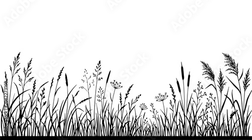 Minimalist Flat Vector Illustration of Black Grass Silhouettes on White Background with Clean Botanical Stems