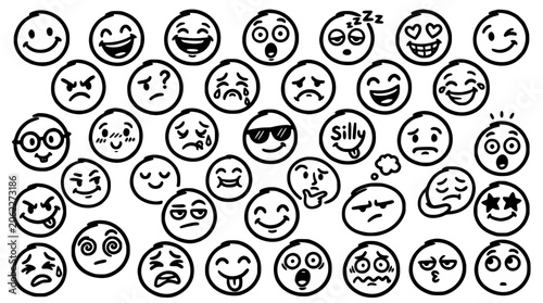 Playful Black and White Emoji Face Icons Set with Different Expressions, Smileys, Emotions, and Doodle Style for Design