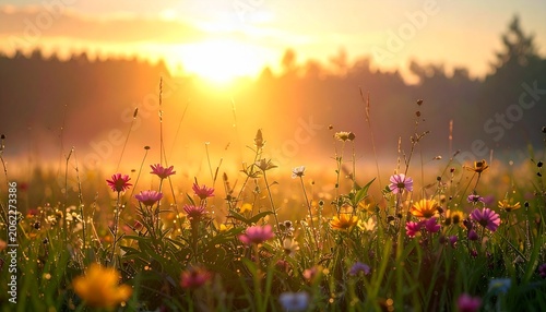 A vibrant meadow of wildflowers glows under the warm light of a rising morning sun.