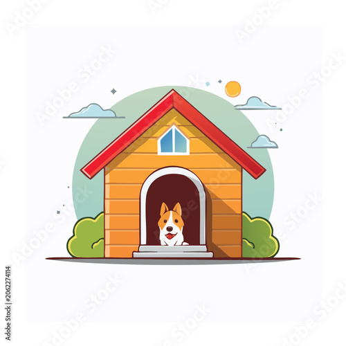 Flat design illustration of a house with cat in winter