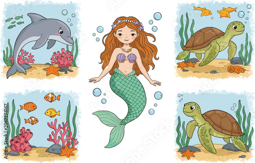 Photography Cute mermaid and sea animals, underwater ocean life with dolphin, turtles, coral