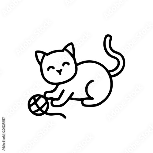 Cute kitten playing with yarn ball in minimalist line art style  
