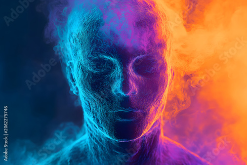 Thermal Imaging View of Anonymous Human Face with Blue and Orange Heat Map Colors, Split Temperature Concept with eye closed