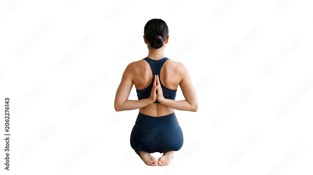 Obraz premium Woman practicing reverse prayer yoga pose while kneeling for wellness and fitness