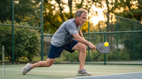 Senior white man lunging for a pickleball on an outdoor court with focused concentration. Active older athlete playing a competitive racquet sport during a fitness and healthy aging routine.