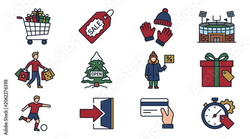Colorful icons depicting shopping, sports, and holidays