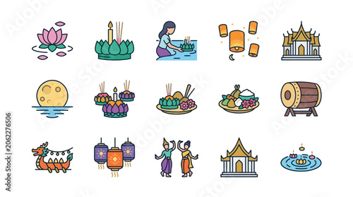 Colorful icons depicting traditional festival activities