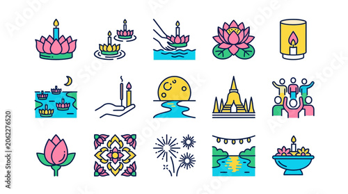 Colorful icons depicting traditional festival elements