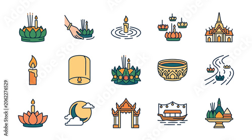 Colorful icons depicting traditional festival elements