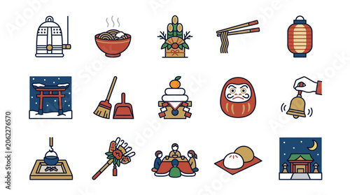 Colorful icons depicting traditional Japanese culture elements