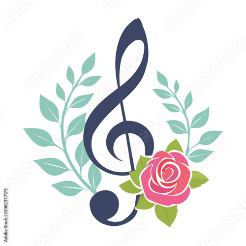 Treble Clef with Rose and Leaves Illustration