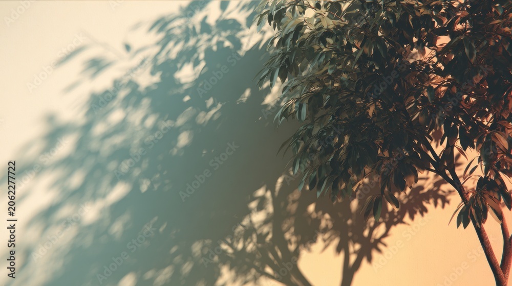 Fototapeta premium Tree silhouette against wall with shadows and sunlight abstract background