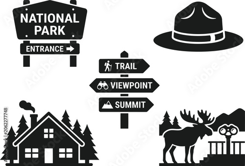 Bild auf Leinwand National park icons set, including entrance sign, ranger hat, trail sign, cabin,